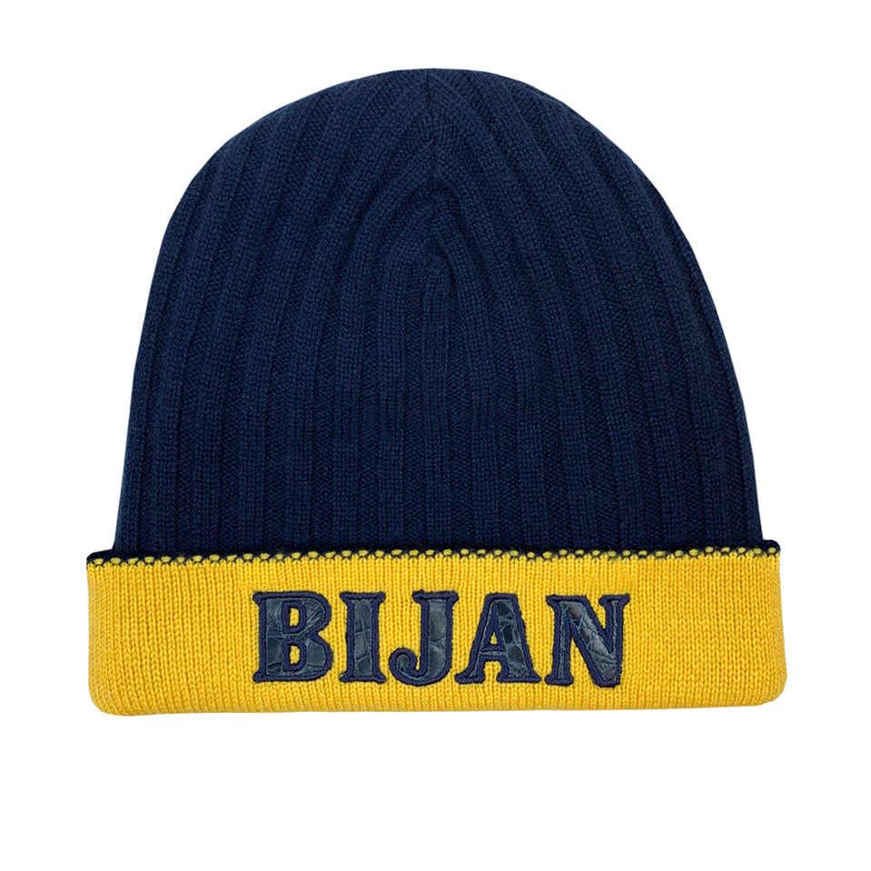 Blue and yellow beanie hat on sale