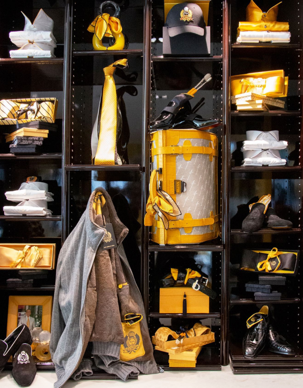 a closet filled with lots of yellow and black items