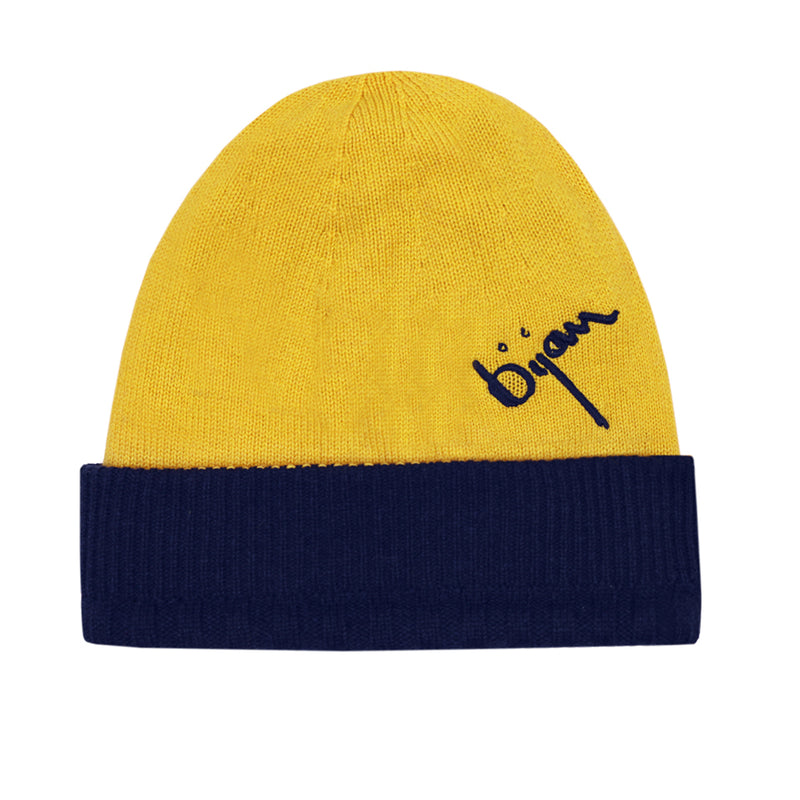 Bijan Yellow and Midnight Blue Cashmere Reversible Beanie