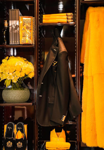 a closet filled with lots of yellow items