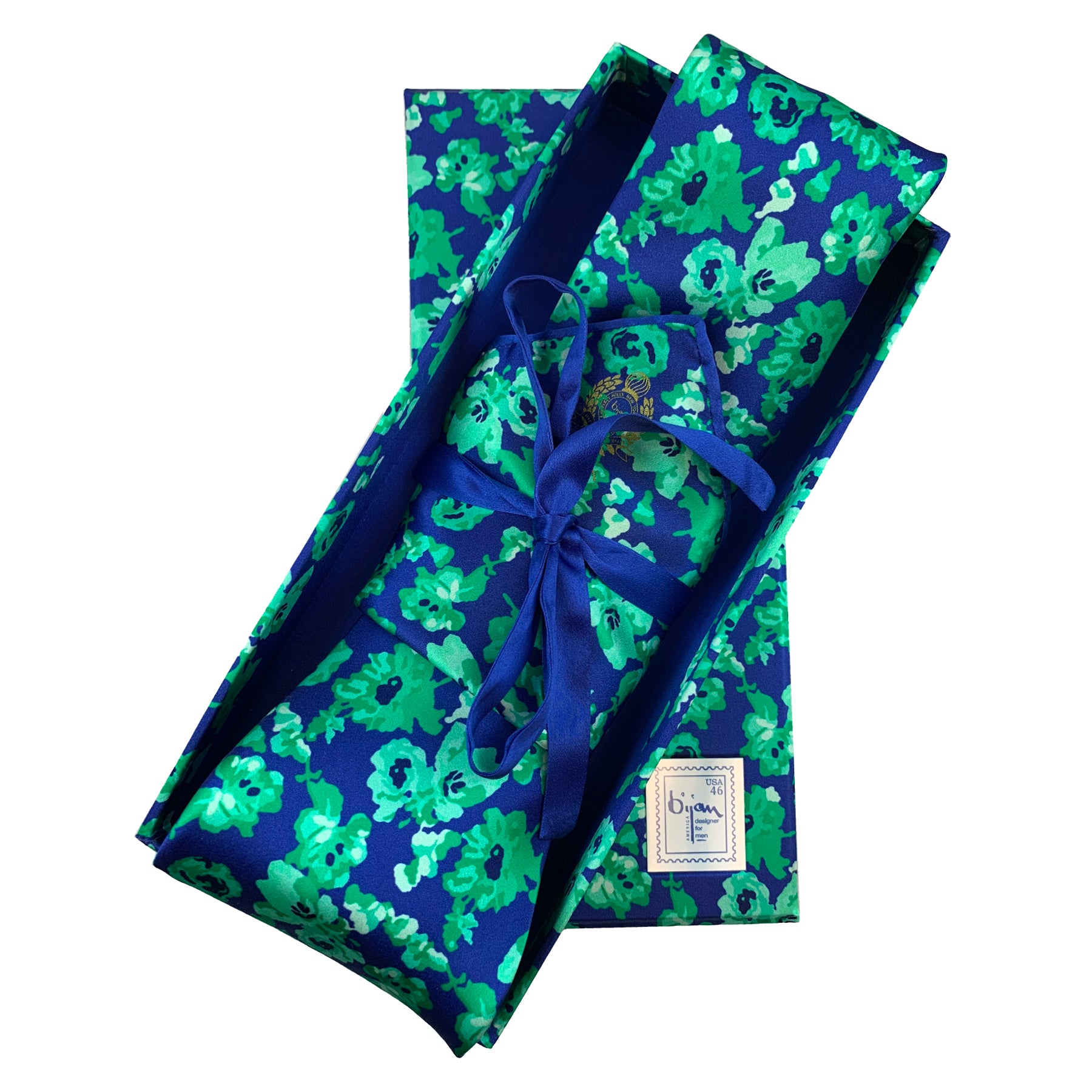 Bijan Blue and Green Floral Pure Silk Tie Set – House of Bijan