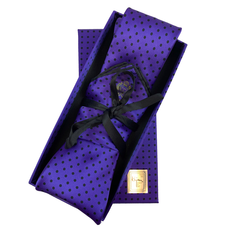 Bijan Purple and Black Polka Dot Pure Silk Tie Set