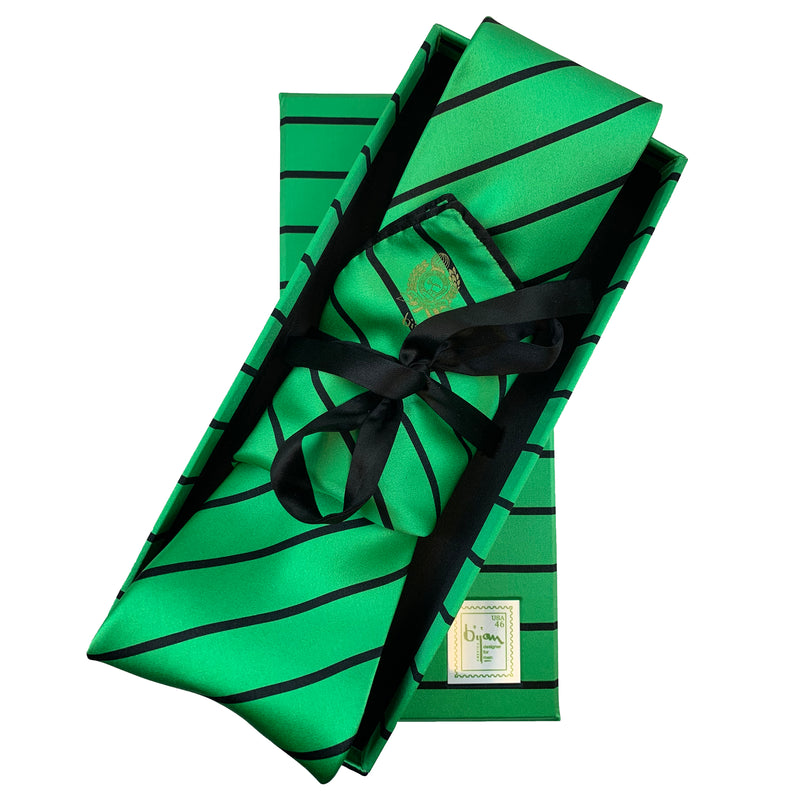 Bijan Green and Black Stripe Pure Silk Tie Set