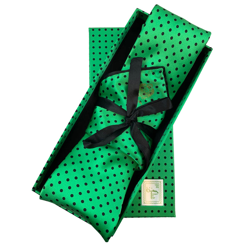 Bijan Green with Black Polka Dot Pure Silk Tie Set