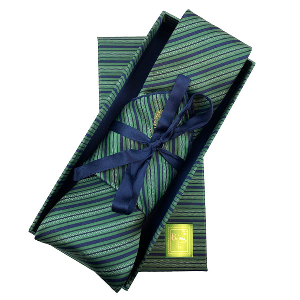 Bijan Stripe Navy and Green Pure Silk Tie Set