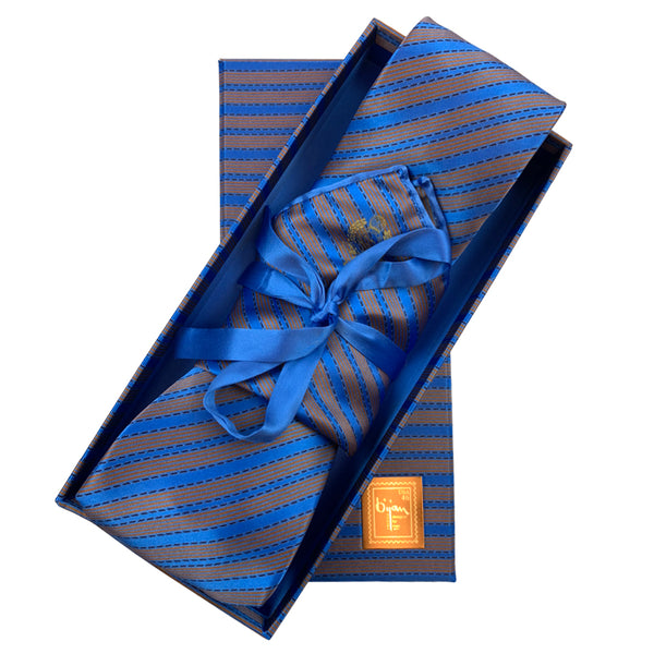 Bijan Stripe Blue Pure Silk Tie Set