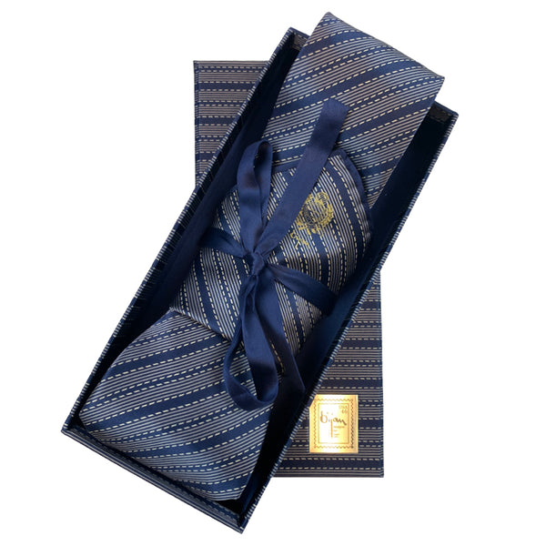 Bijan Blue and Grey Stripe Pure Silk Tie Set