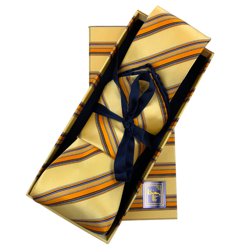 Bijan Yellow and Orange Stripe Pure Silk Tie Set