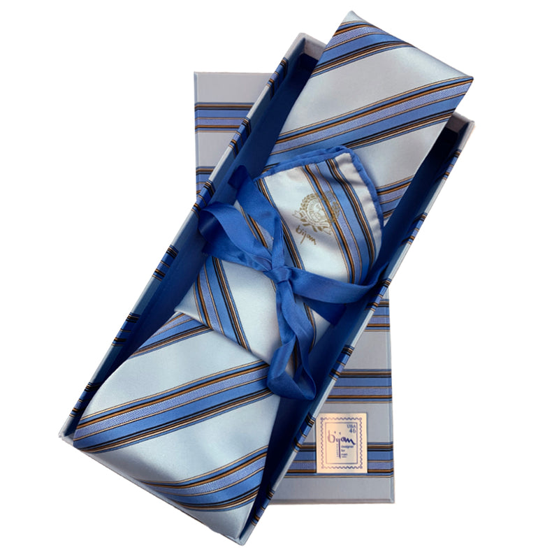 Bijan Blue Stripe Pure Silk Tie Set